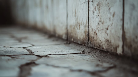 Close-up view of cracked tiles in a line, emphasizing rough edges and construction-site imperfectionsの素材