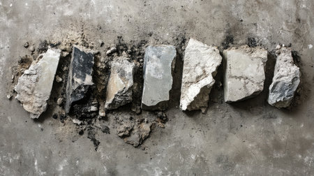 Fractured cement chunks in a line, capturing raw textures, chipped edges, and dust in a construction settingの素材