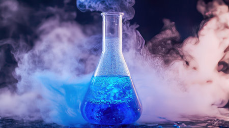 A close-up of a bubbling Erlenmeyer flask with vibrant blue liquid and smoke effects, placed on a lab table.の素材