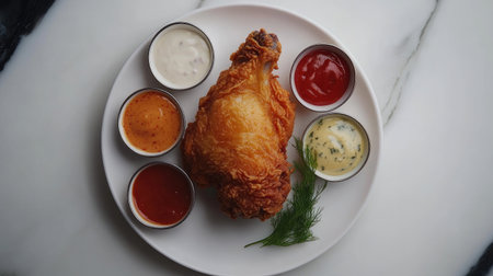 A flat lay of a single piece of fried chicken thigh on a small white plate, surrounded by various dipping sauces.の素材