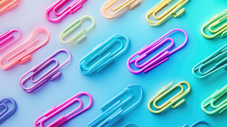 Gradient array of multicolored paper clips transitioning smoothly across an aqua background, precise alignment and vivid huesの素材