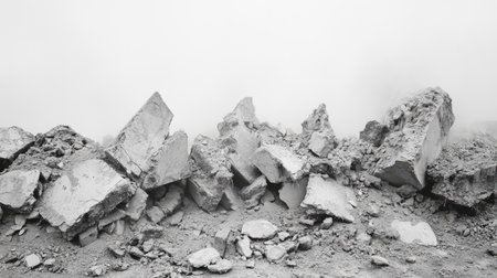 Line of broken cement pieces with chipped edges and visible dust, capturing the rugged texture of a demolition siteの素材