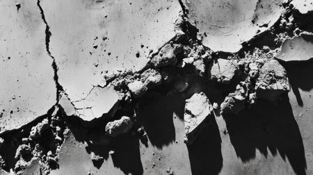 Close-up of cement fragments in a rough line, showing fractured surfaces and rugged details in a demolition zoneの素材