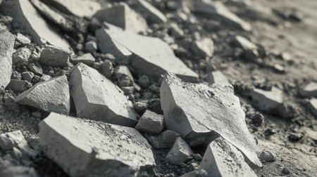 Close-up of rough cement fragments scattered in a line, showing sharp edges and raw texture in a construction sceneの素材