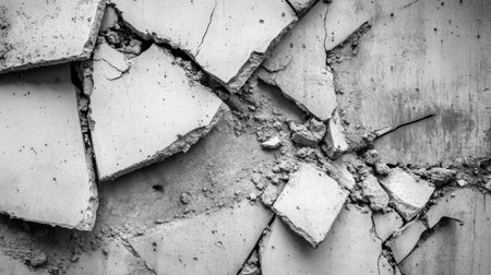 Shattered cement fragments in a straight line, with jagged edges and dust creating a raw construction vibeの素材