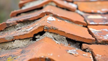 Line of broken tiles with jagged edges, capturing the raw textures and imperfections of construction workの素材