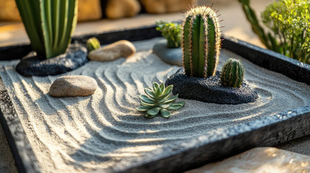 Close-up of dry tray garden with cactus, sand, and pebble patterns, arranged to create a serene atmosphereの素材