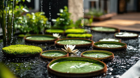 Close-up of wet tray garden with lily pads, moss, and flowing water, forming a peaceful, green oasisの素材
