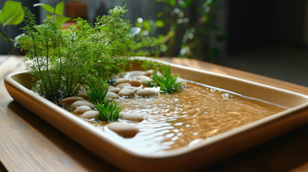 Close-up of wet tray garden with gentle water flow, mini water plants, and smooth pebbles in a zen designの素材