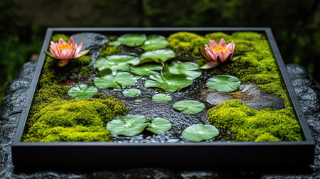 Close-up of wet tray garden with lily pads, moss-covered rocks, and a trickling stream, capturing zen vibesの素材