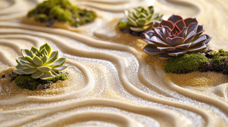 Artful dry tray garden close-up with detailed sand patterns and succulents, giving a calming zen garden feelの素材