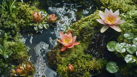 Close-up of wet tray garden with lush moss, tiny waterfalls, and water lily, a serene aquatic-themed designの素材