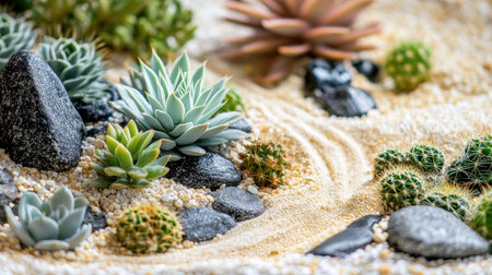 Close-up of dry tray garden with carefully arranged sand, stones, and mini desert plants in a zen-inspired designの素材