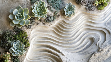 Artful dry tray garden close-up with detailed sand patterns and succulents, giving a calming zen garden feelの素材