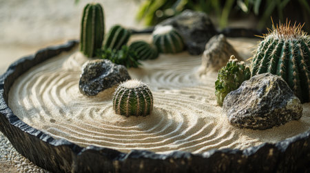 Close-up of dry tray garden with cactus, rocks, and sand patterns, arranged for a modern zen feelの素材