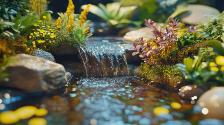 Close-up of wet tray garden with miniature waterfall, stones, and vibrant water plants, highlighting natural beautyの素材