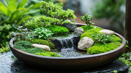 Close-up of wet tray garden with miniature waterfall, green moss, and stones, creating a calm natural aestheticの素材