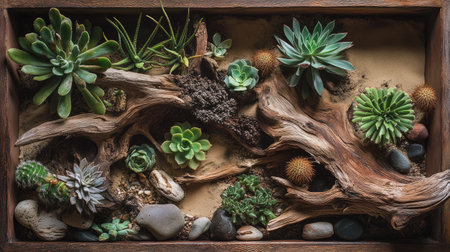 Close-up of dry tray garden with driftwood and rocks, arranged with succulents in a desert-inspired lookの素材