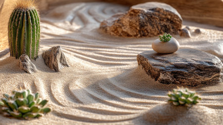 Close-up of dry tray garden with cactus, decorative sand, and stones, blending rustic elements with zenの素材