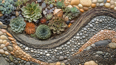Close-up of dry tray garden with intricate pebble patterns and succulents, set in a natural, calming layoutの素材