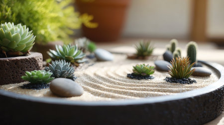 Close-up of dry tray garden with carefully arranged sand, stones, and mini desert plants in a zen-inspired designの素材