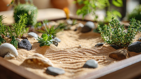 Close-up of dry tray garden with carefully arranged sand, stones, and mini desert plants in a zen-inspired designの素材