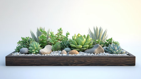 Close-up of dry tray garden with mixed succulents, layered stones, and fine gravel in an artistic arrangementの素材
