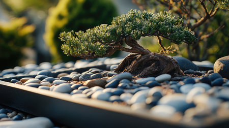 Close-up of dry tray garden featuring bonsai and pebbles, creating a balanced, serene visual experienceの素材