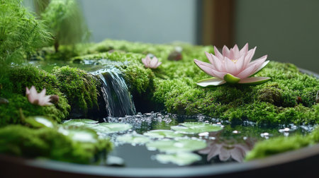 Close-up of wet tray garden with lush moss, tiny waterfalls, and water lily, a serene aquatic-themed designの素材