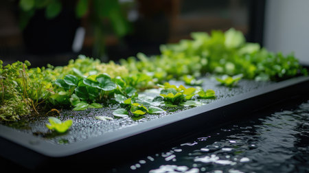 Close-up of wet tray garden with small water plants and rippling water, showcasing a peaceful aquatic sceneの素材
