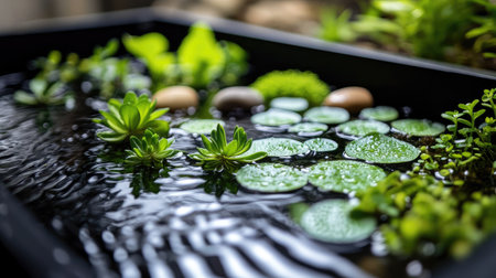 Detailed close-up of wet tray garden with aquatic plants, tiny stones, and water ripples in a tranquil settingの素材
