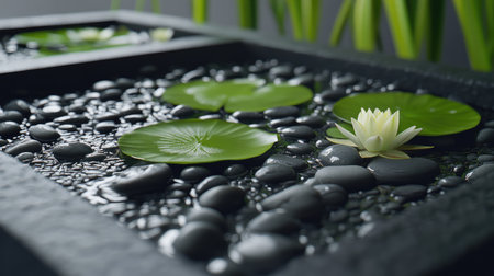 Detailed close-up of wet tray garden with lily pads, pebbles, and flowing water, giving a peaceful vibeの素材