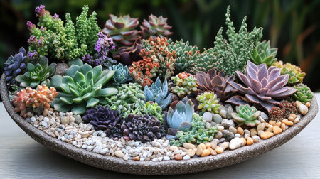 Close-up of dry tray garden with tiny rocks and succulents, arranged in a nature-inspired designの素材