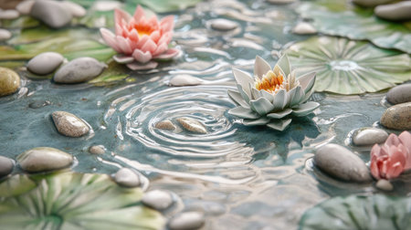 Detailed close-up of wet tray garden with lotus flowers, pebbles, and a slight ripple effect in water, creating zen vibesの素材