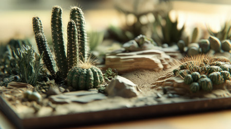 Delicate dry tray garden with cacti and mini rocks, highlighting intricate plant textures and earthy tonesの素材