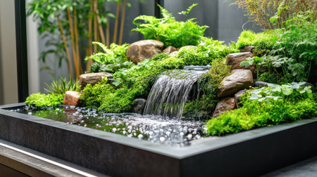 Close-up of wet tray garden with miniature waterfall, green moss, and stones, creating a calm natural aestheticの素材