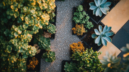 Close-up of dry tray garden with fine gravel and succulents, arranged for a modern minimalist aestheticの素材