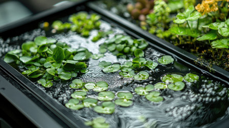 Detailed close-up of wet tray garden with aquatic plants, tiny stones, and water ripples in a tranquil settingの素材
