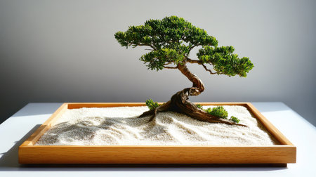 Dry tray garden with bonsai tree, white sand, and tiny pebbles, creating a tranquil miniature landscapeの素材