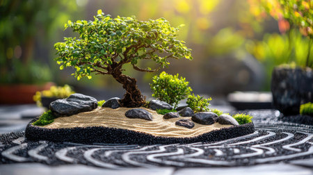 Elegant dry tray garden with bonsai, small rocks, and patterned sand, creating a tranquil mini landscapeの素材