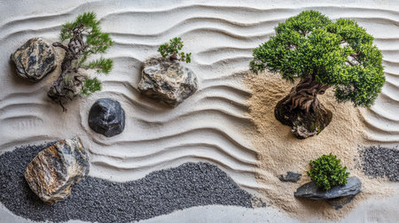 Elegant dry tray garden with bonsai and small rocks, arranged on a fine layer of sand for a zen touchの素材