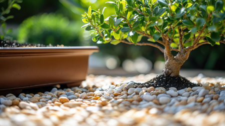 Dry tray garden close-up with bonsai, gravel, and tiny stones, forming a peaceful landscapeの素材