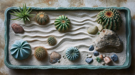 Intricate dry tray garden with cactus, sand, and tiny pebbles arranged in a zen-like settingの素材