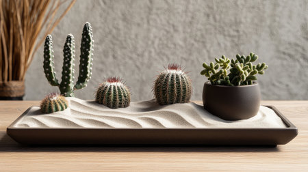 Minimalist dry tray garden with fine sand and cactus, beautifully arranged in a modern, clean styleの素材