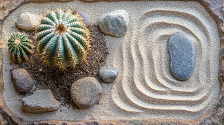 Miniature dry tray garden with cactus, arranged rocks, and sand patterns, highlighting natural beautyの素材