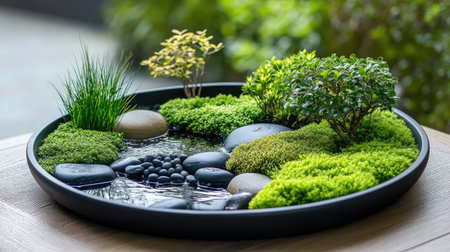 Wet tray garden close-up with vibrant moss, smooth stones, and water plants for a refreshing sceneの素材