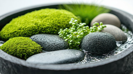 Wet tray garden close-up with vibrant moss, smooth stones, and water plants for a refreshing sceneの素材