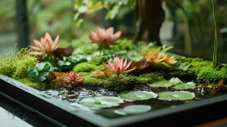 Wet tray garden close-up with delicate lily pads, moss, and flowing water creating a lush, tranquil mini ecosystemの素材