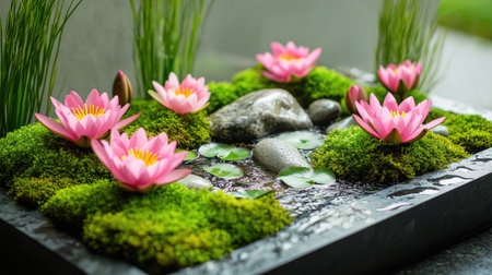 Wet tray garden with tiny water lilies, moss, and stones, arranged in a peaceful, refreshing wet designの素材