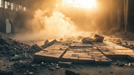 Jagged, broken tiles along a construction line with dust and debris, capturing a rugged demolition sceneの素材
